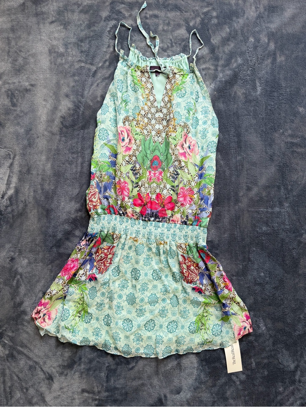 Hale Bob Women’s Medium Floral Leopard Print Halter Mini Dress Green Multicolor